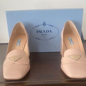 Prada Nude Patent Leather Block Heel Loafers